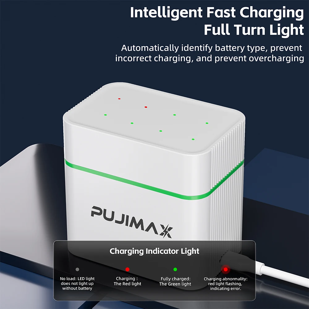 PUJIMAX 1.2 فولت AA + AAA Ni-MH/Ni-Cd 8 فتحات كومبو شحن مقصورة الذكية الوجه العلوي شاحن يمكن شحن 4 قطعة AA + 4 قطعة بطاريات AA