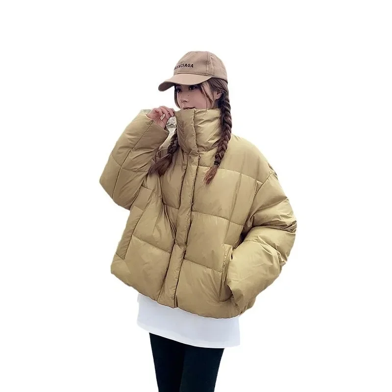 أزياء مزيج اللون سترات المرأة التلبيب زر مخفي أنماط قصيرة تصميم رشاقته معاطف الشتاء فضفاضة سستة سترة امرأة دافئة