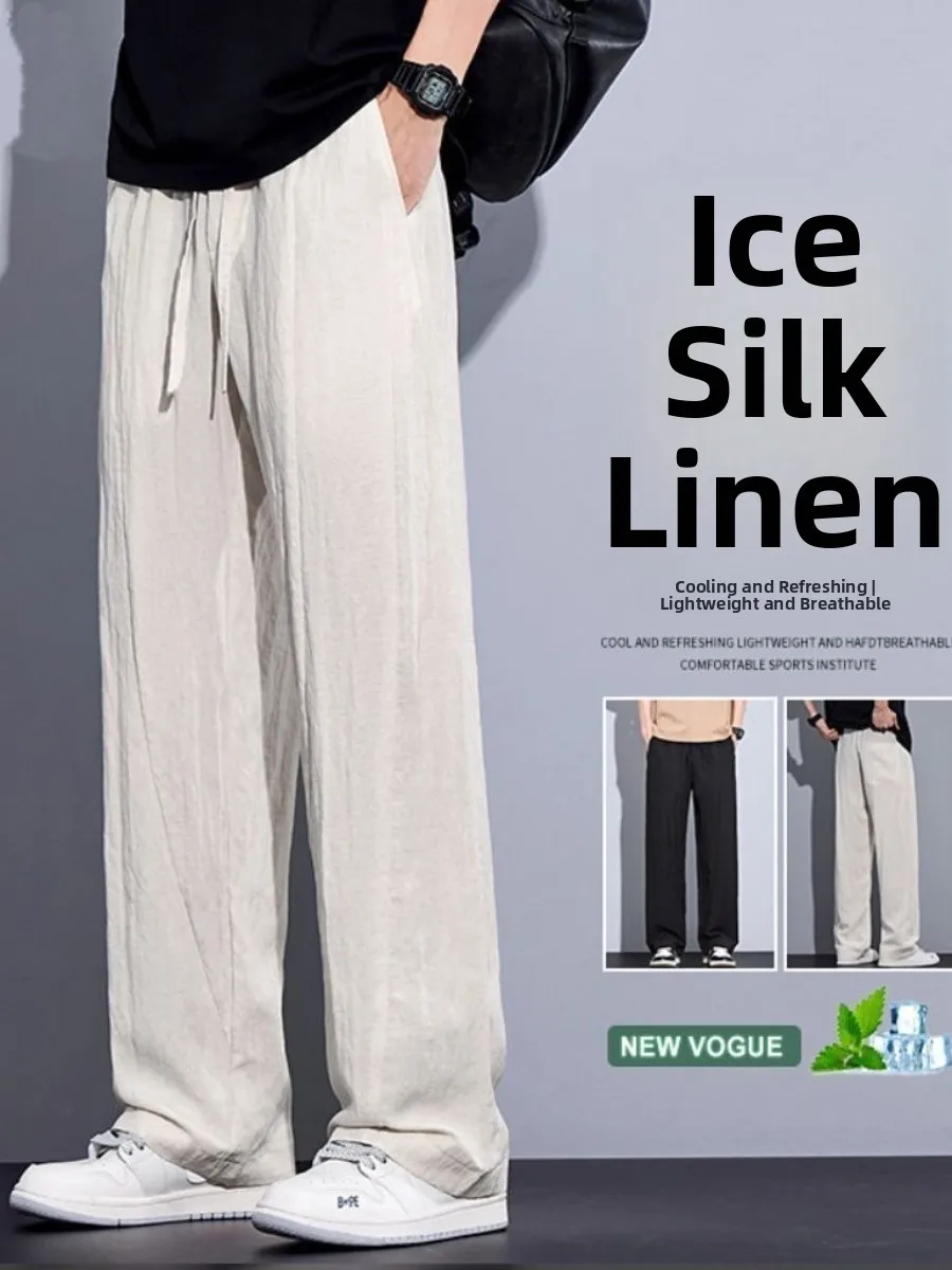Men's Cotton Linen Summer Thin Ice Silk Casual Pants Loose Straight Leg Drapey Wide Leg Pants Cleanfit Style Natural Waist