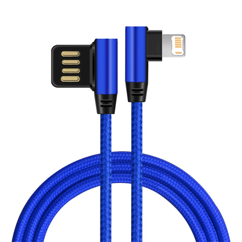 90 Degree Elbow Double Sided USB Fast Charge Cable For iPhone 11 12 13 14 Pro Max X XR XS 7 8 Plus Quick Charging Braided Cables