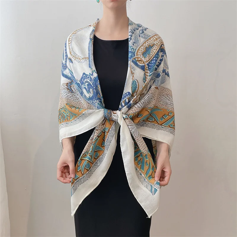 2024 Fashion Oversize Square Luxury Floral Viscose Shawls And Wraps Beach Cover Pashmina Stole Bufandas Muslim Sjaal 135*135Cm