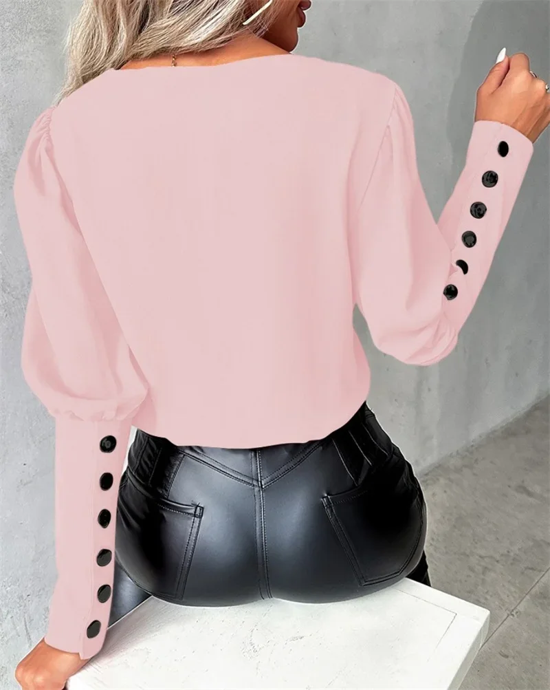 Mode einreihige Spleiß laterne Langarmhemd elegante Frauen mehr schicht ige V-Ausschnitt Pullover Bluse weibliche Pendler Tops