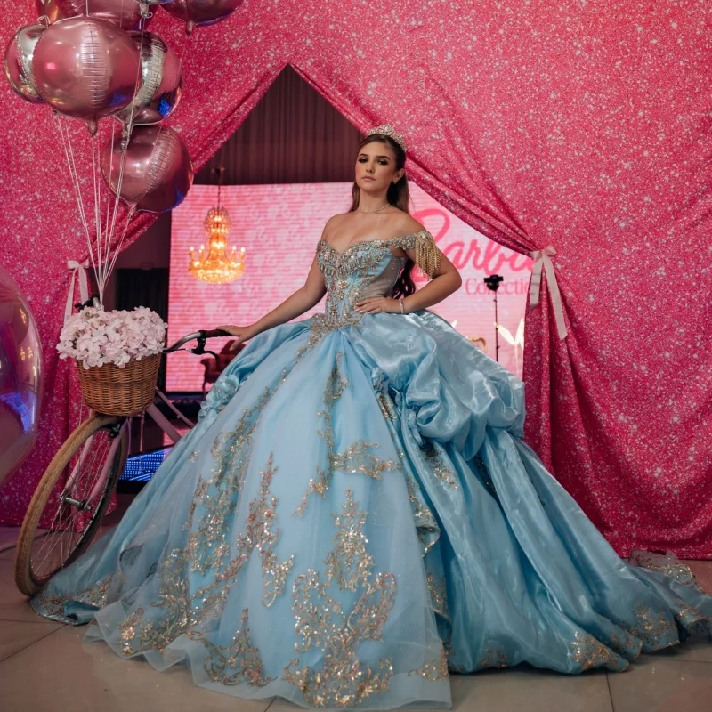 

Blue Quinceanera Dresses Off the Shoulder Crystal Gold Sequins Decal Layering Long tail Bow Vestidoe 15 Quinceanera Customize