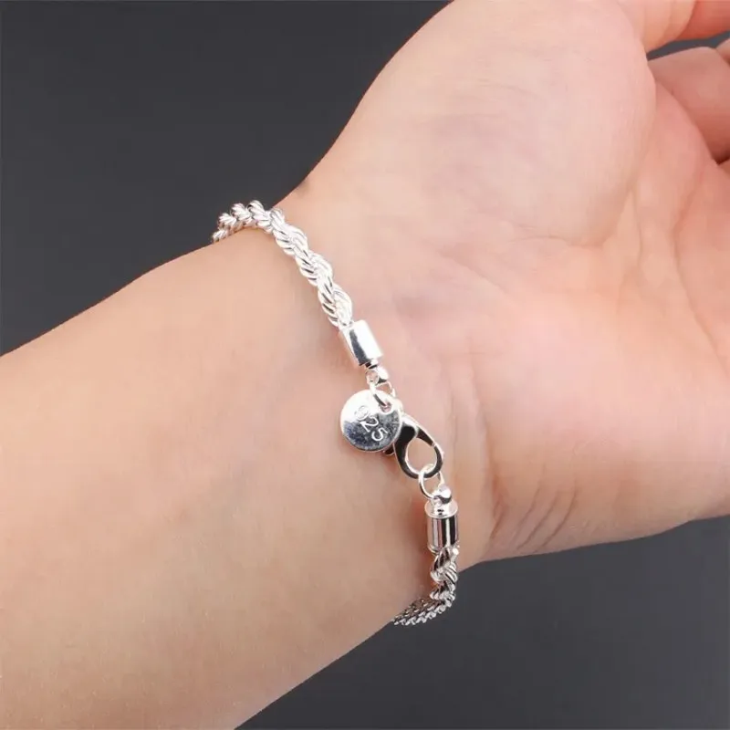 New High quality 925 Sterling Silver 4MM Women Men chain Male Twisted Rope Bracelets Fashion Silver Jewelry Gifts