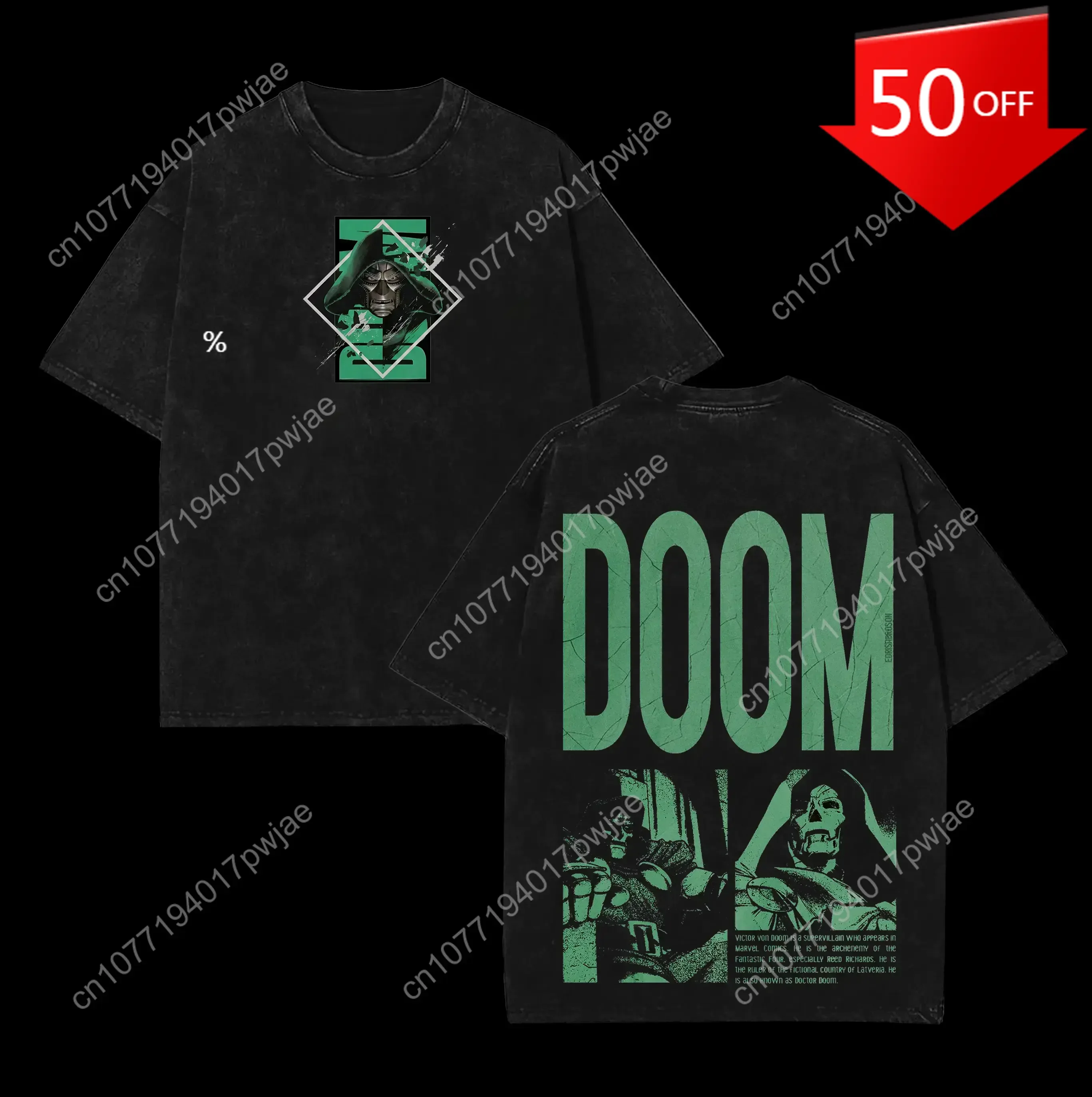 

Marvel Doctor Doom Villain Graphic Tee – Washed Oversized Fit Double-Sided Print Cotton T-Shirt Lightweight Streetwear Top for C