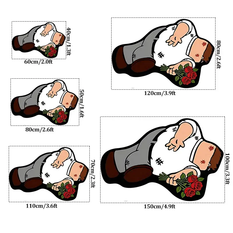 VIKAMA Retro Cartoon Injured Man Holding Red Rose Irregular Rug Non Slip Bedroom Bedside Floor Doormat Indoor Home Decor