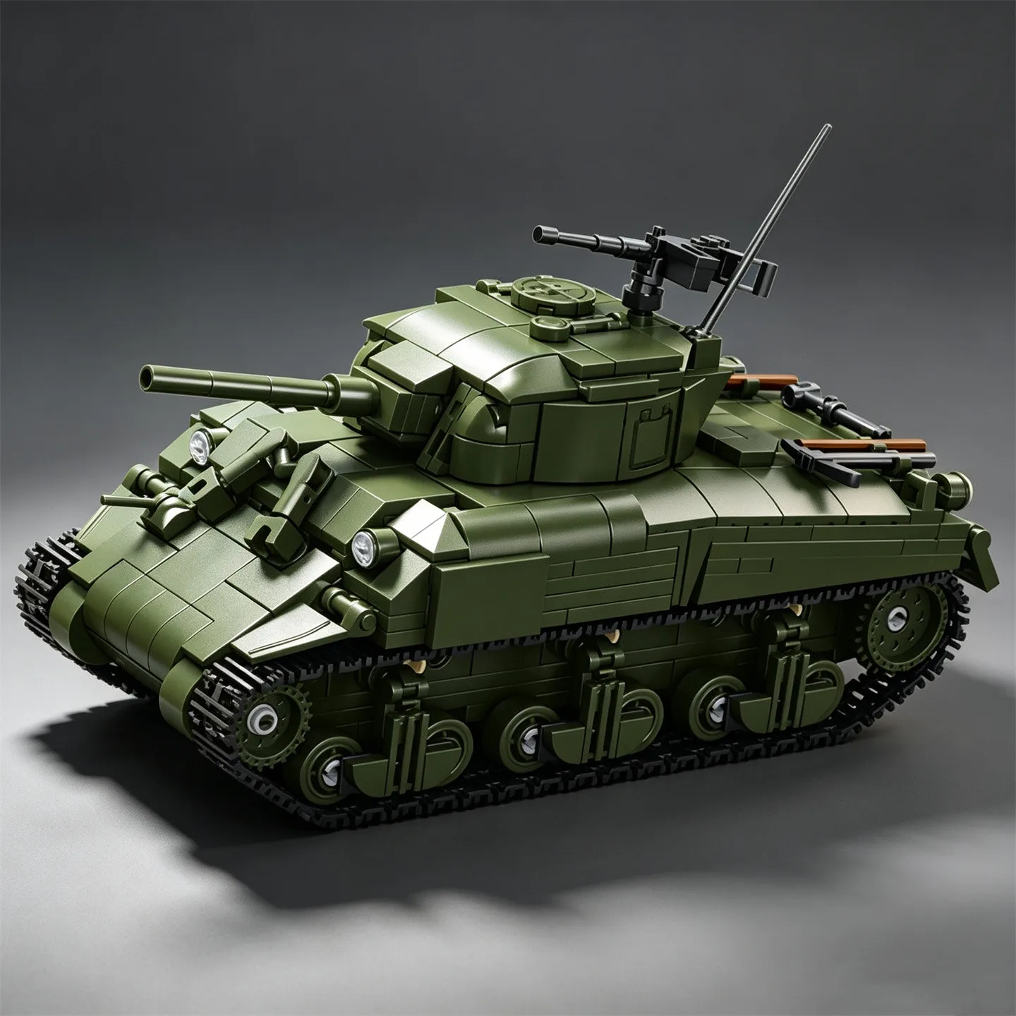 Military Building Blocks: U.S. Army Sherman 75 Medium Tank Building Block Assembly Toy—Caterpillar-Track Armored Vehicle