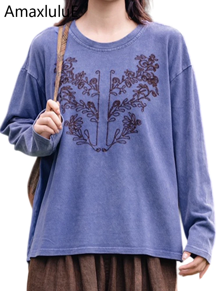 

Amax LuluE Brand 2025 Fall Females Leisure Fashion Big Size Embroidery Tshirts Womens Vintage Loose O Neck Tops Elegant Clothes