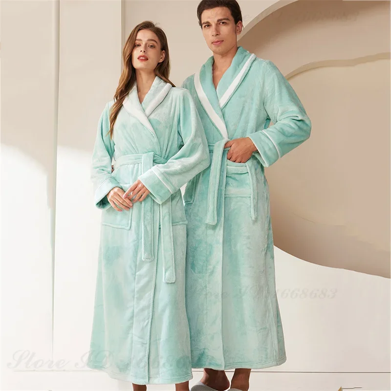 Autumn Winter Couple Sleepwear Large Size Flannel Men Long Robe Home Clothing Thicken Warm Coral Fleece Bathrobe Lounge Wear 3XL