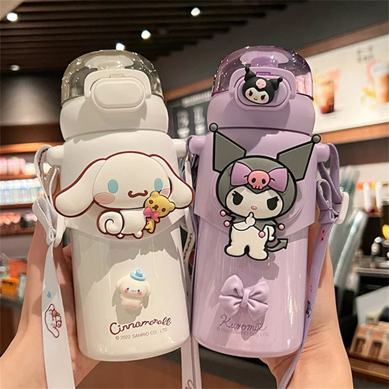 

New 460ml Sanrio Thermos Cup Melody pompompurin Kuromi Cinnamoroll Vacuum Cup High-quality Kids Stainles Strap Water Bottle