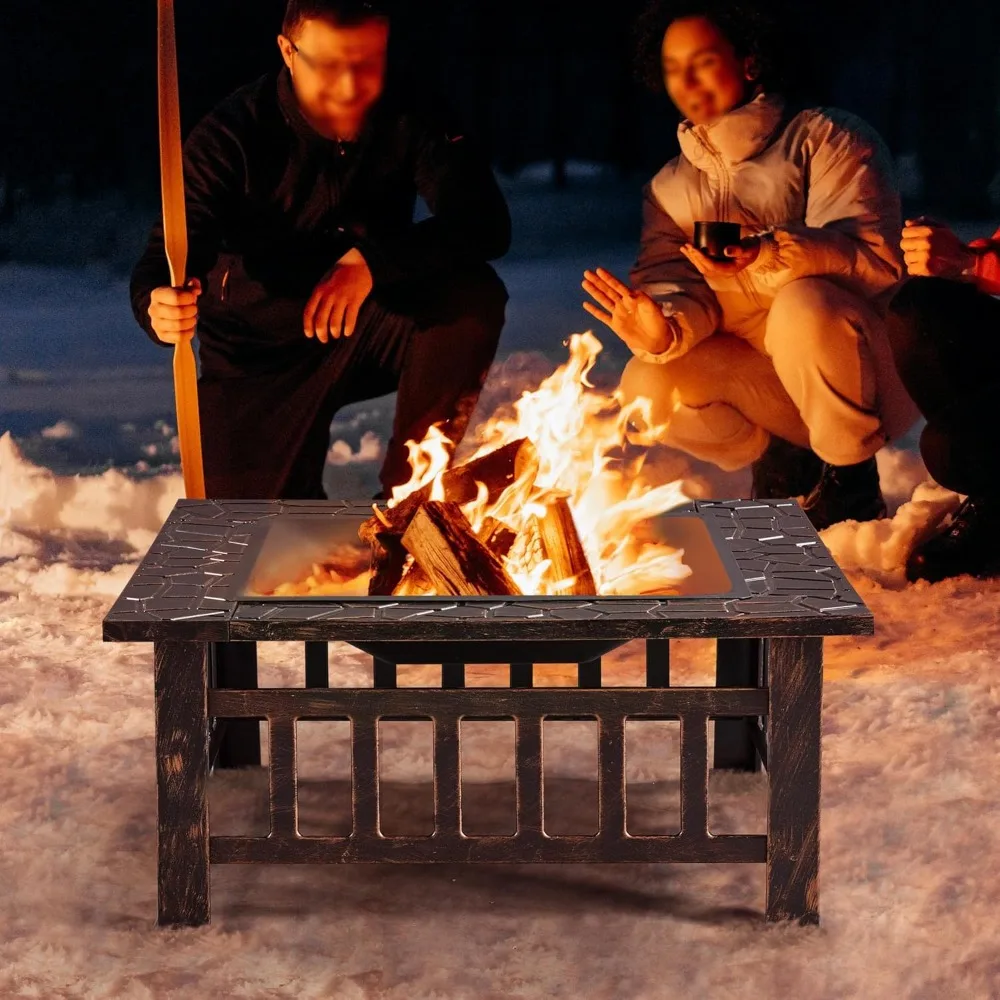 32in Outdoor Firepit Square Table Backyard Patio Garden Stove Wood Burning Fire Pit with Spark Screen, Log Poker and Cover