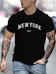 2024 Luxury Fashion Casual Men's Summer New York Usa Print Retro Pure Cotton Loose Round Neck Short Sleeve T-shirt Top WK001