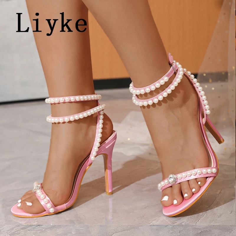 Liyke Fashion Design Pearl Ankle Strap Sandals Women Sexy Open Toe Elegant High Heels Party Prom Shoes Sandalias Verano Mujer