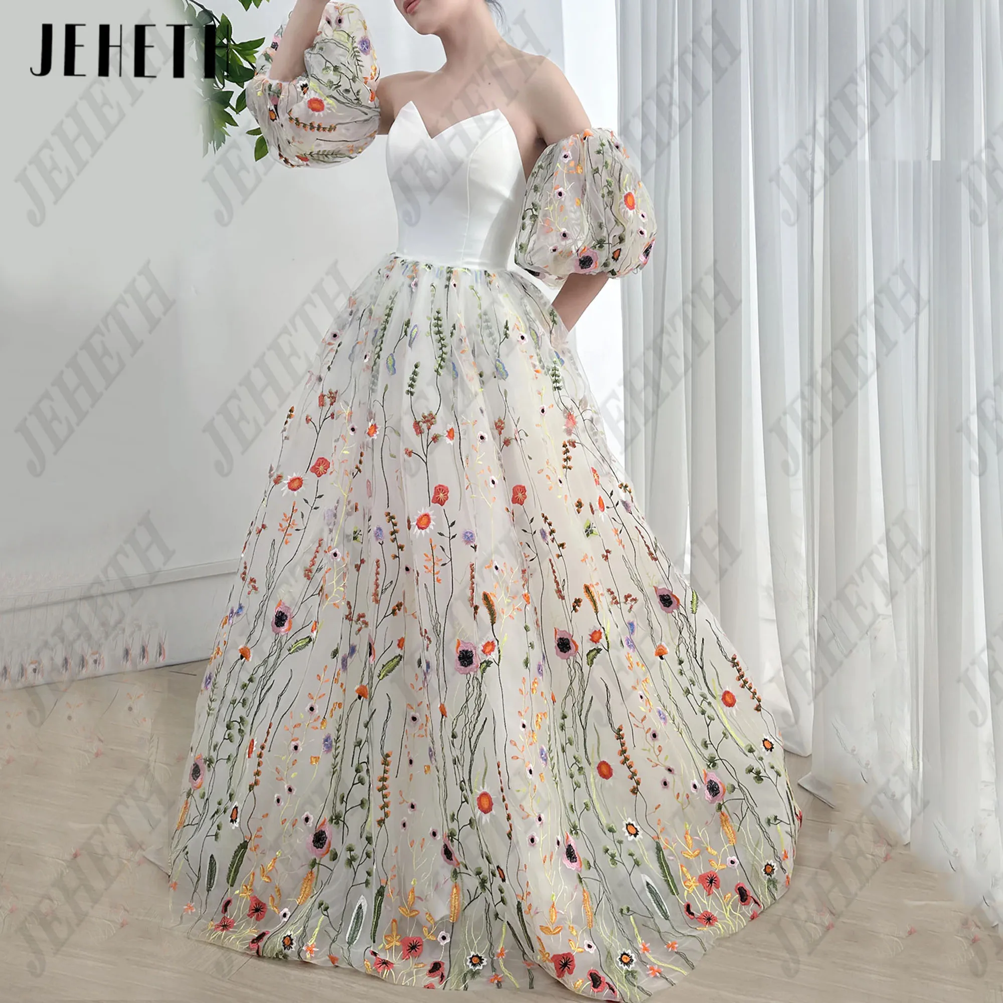 

JEHETH Strapless Prom Gowns Floral Print Formal Occasion Dresses Puff Sleeves Embroidery Lace Elegant Evening Party Dress