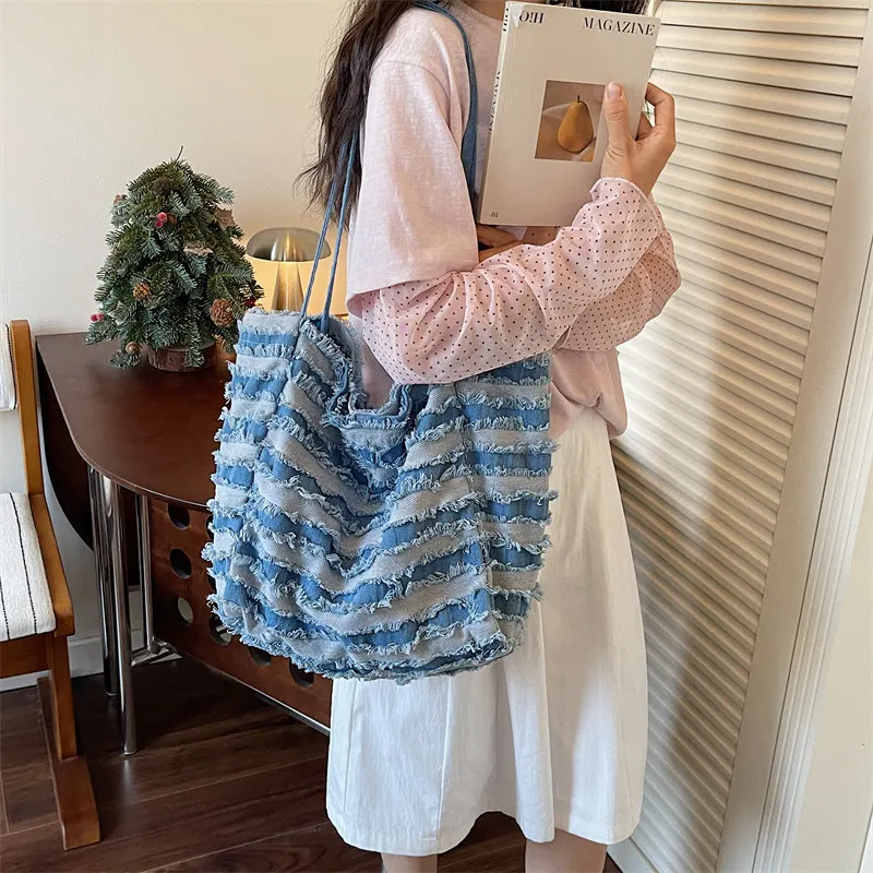 Casual Striped Denim Tote Bag with 3D Raw Edge Splicing Craft for Daily Commute Travel Handheld Canvas Bag