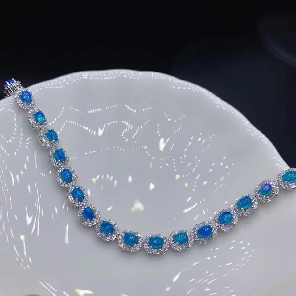 Classic Design Gemstone Bracelet for Woman Daily Wear 3mm*4mm Total 2ct Blue Opal Bracelet 925 Silver Natural Opal Jewelry