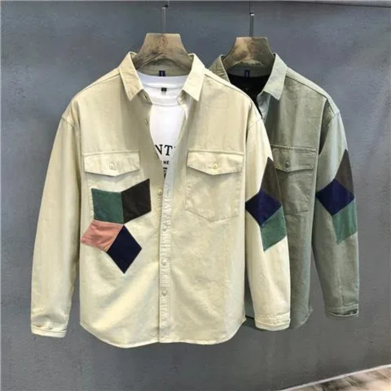 Spring Autumn Fashion Printing POLO Collar Long Sleeve Men\'s Clothing Blouse Patchwork Multicolor Button Hong Kong Version Tops