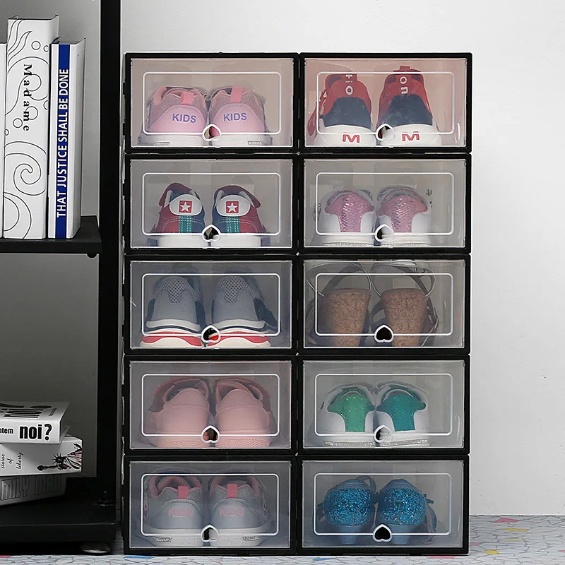 Transparent Shoe Storage Box Shoes Organizers Plastic Thickened Foldable Dustproof Storage Box Stackable Combined Shoe Cabinet