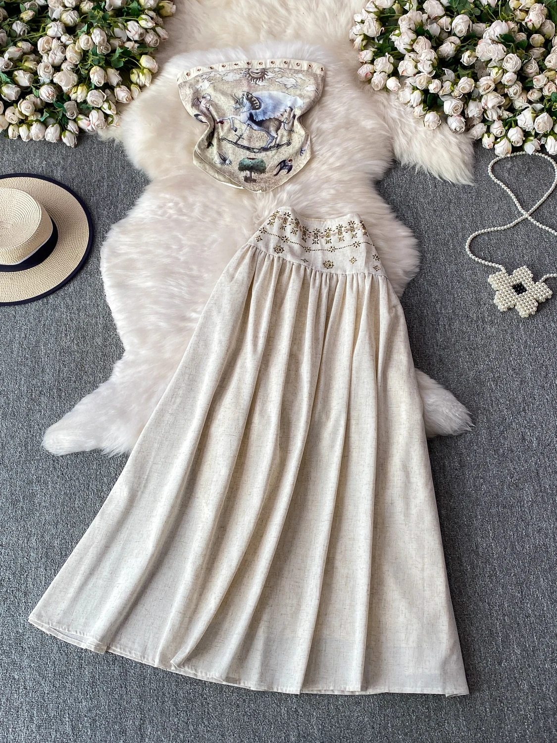 

Angel Print Design High Waist Midi Skirt And Crop Top Set Metal Hole Slim Fit Asymmetrical Top Summer Fashion Women's Set