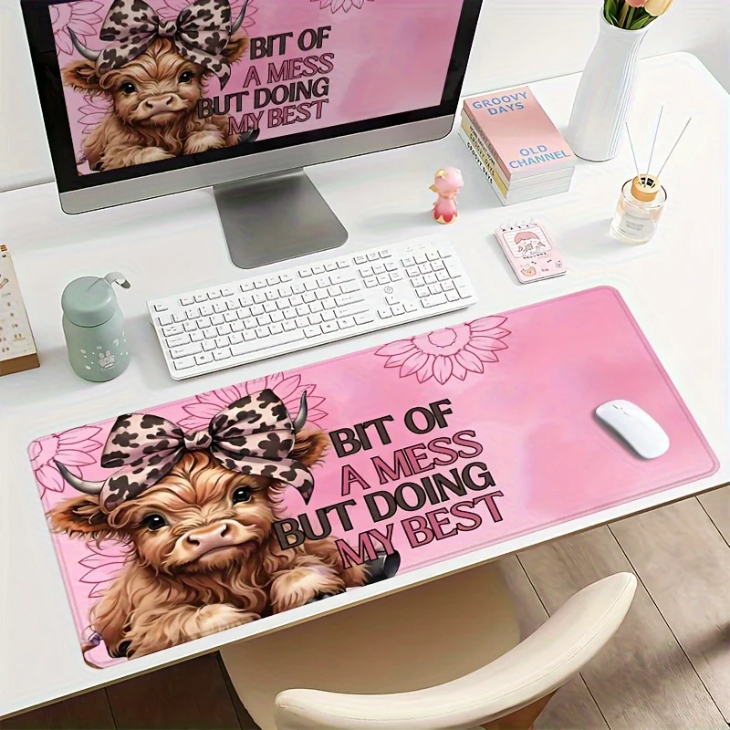 Cute Calf Bow Leopard Print Mouse Pad XL Non-Slip Rubber Desk Mat for Gaming Office