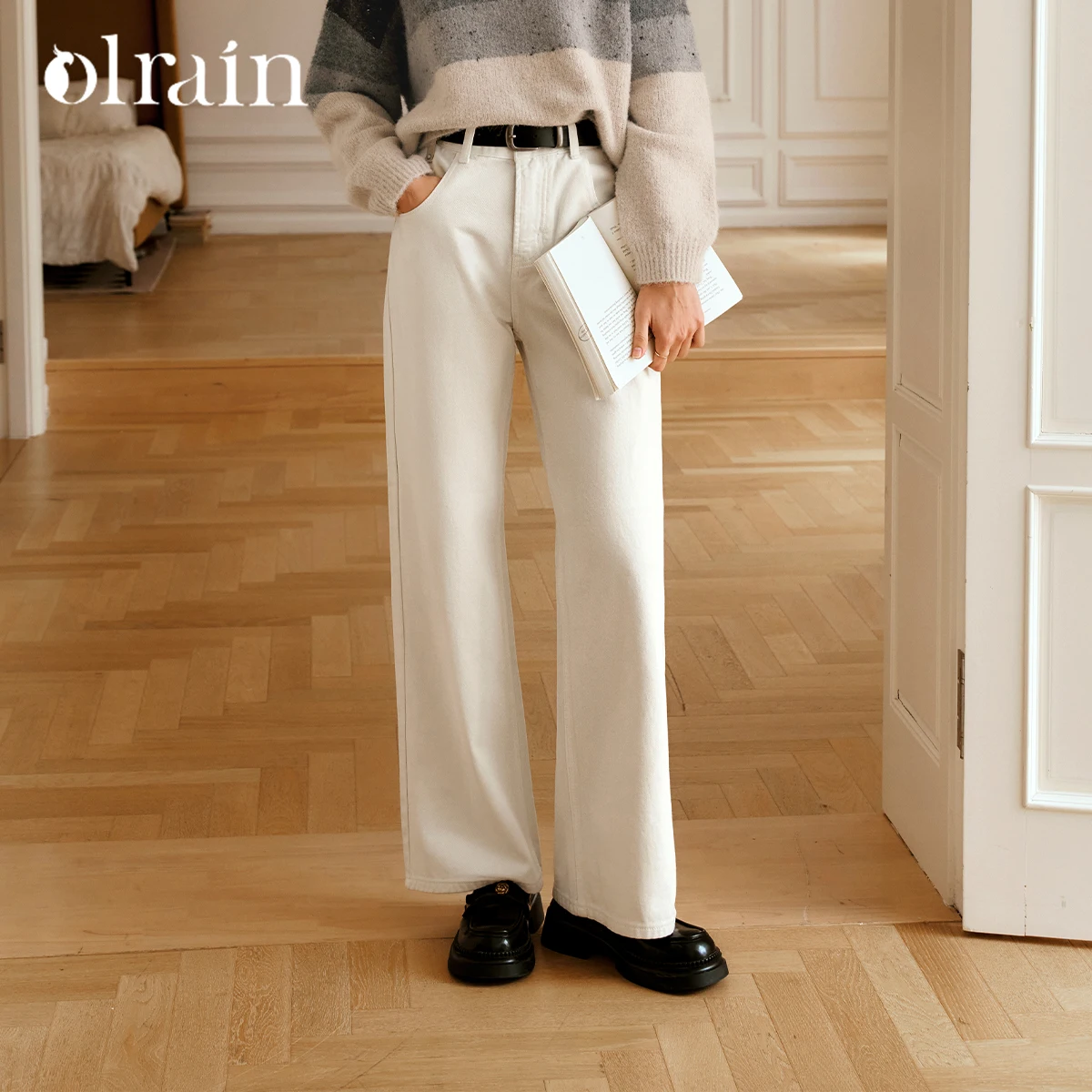 OLrain Women's White Jeans 2026 Autumn Winter Solid Wide Leg Jeans Casual Fashion Straight Pants Pockets Office Lady O56DA93852