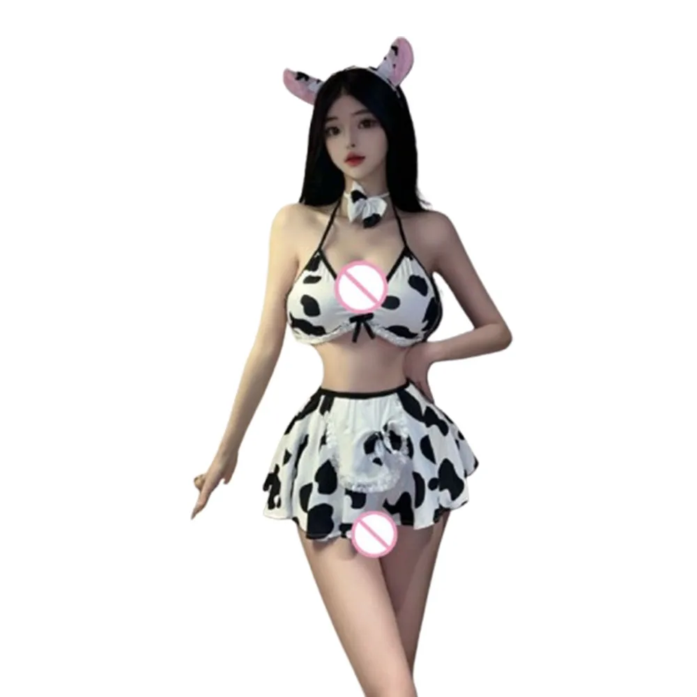 2026 Hot Plus Size Women Anime Cow Spots Cute Girl Cos Role Playing Costume Adult Underwear Cute Bra Set Sexy Milk Maid Uniform
