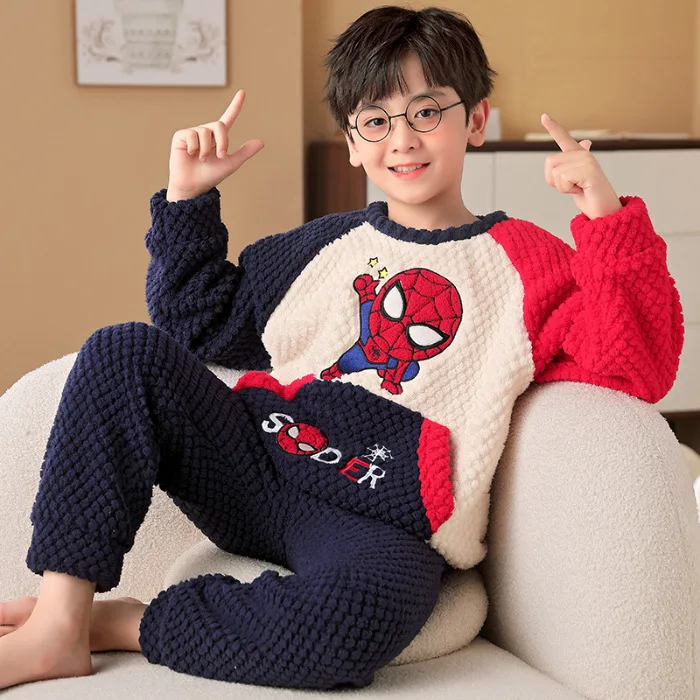 Boys' Sleepwear Winter Coral Velvet Thickened Warm Boys' Two Piece Set Round Neck Home Clothes Winter Clothes Loungewear Pajama