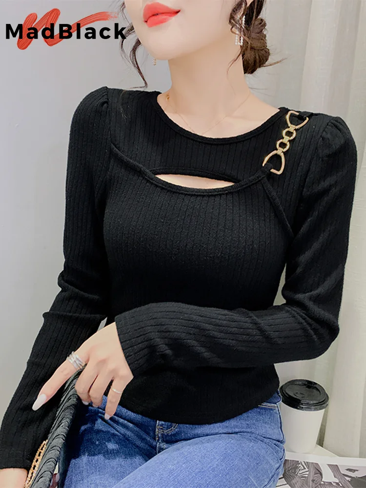 MadBlack European Clothes Sweater Women O Necks Hollow Out Slim Knit Top Long Sleeve Elastic Tshirts Autumn Spring T38060JM