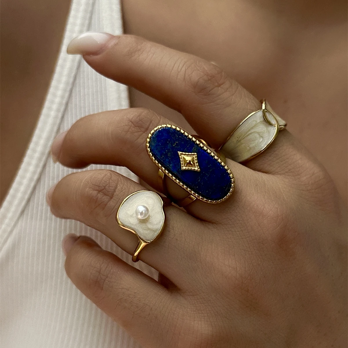 Vintage Lapis Enamel 18K Stainless Steel Open Cuff Rings Set for Women Byzantine Signet Rings Statement Jewelry Gift Waterproof