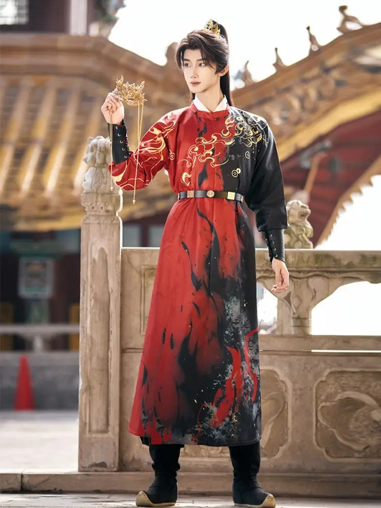 

Мужской комплект в китайском стиле Ханьфу: костюм рыцаря с круглым воротом и принтом в стиле династии Тан, повседневный, в старинном стиле, для косплея