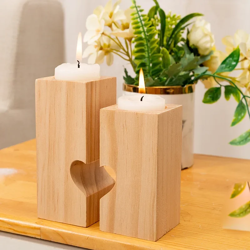 Teelichthalter, Kerzenhalter aus Holz für den Tisch, 2er-Set mit kombinierten Herz-Kerzenständern für die Inneneinrichtung, romantische Dekoration