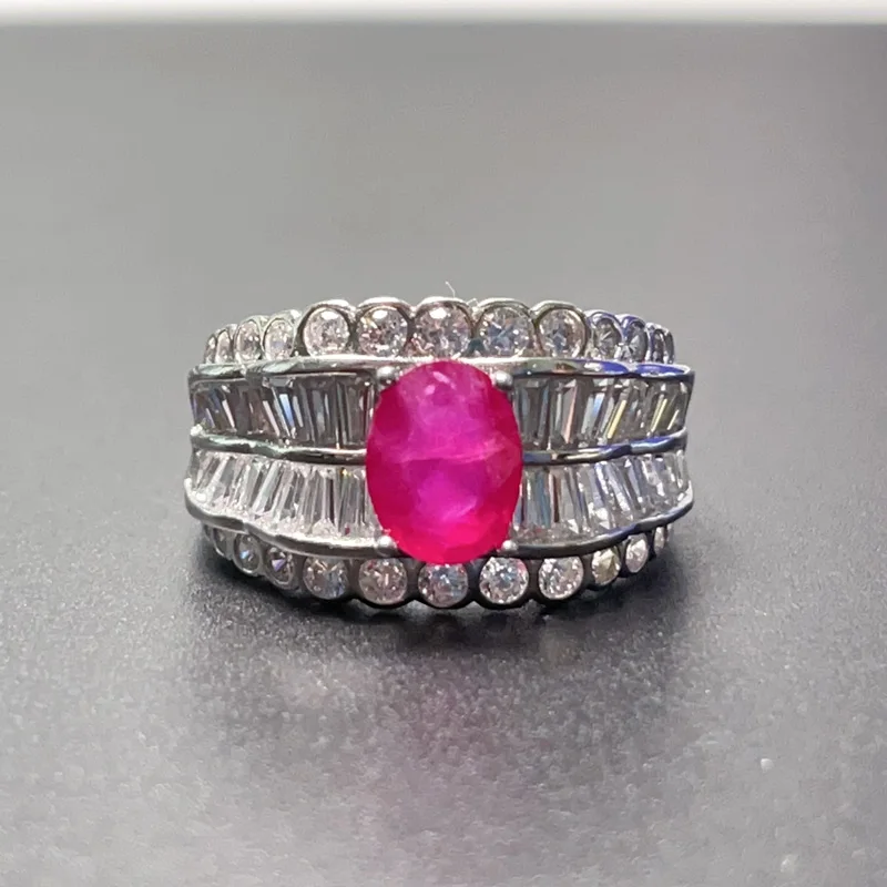 Sterling Silver Natural Pink Ruby Ring for Woman 6mm*8mm 1ct Myanmar Ruby Silver Ring with 3 Layers 18K Gold Plating