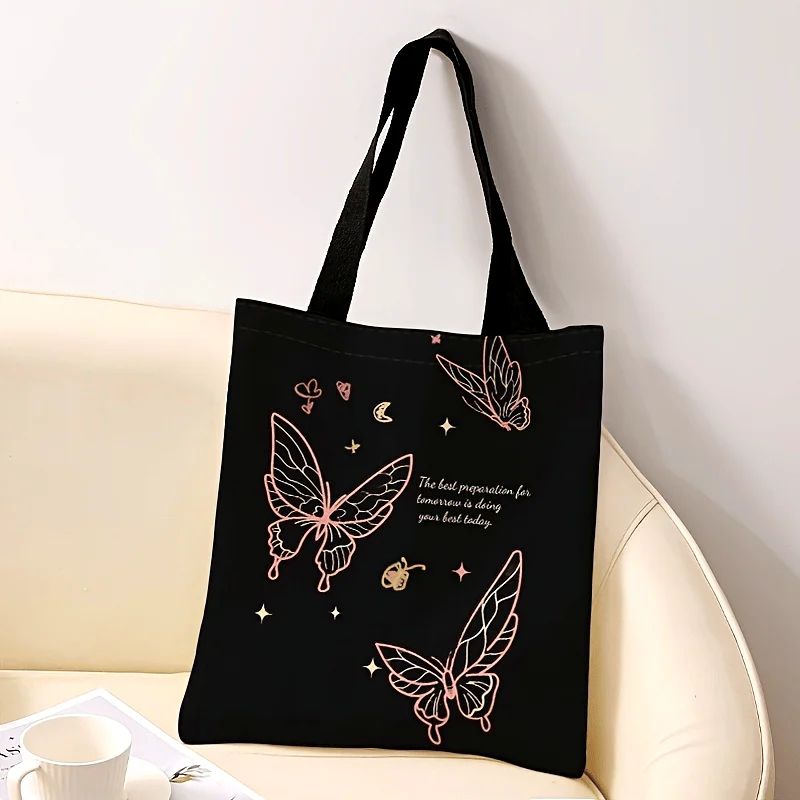 Butterfly Print Handbag Reusable Multifunctional Handbag with Pink & Golden Desig Durable Polyester High-Quality Shopping Bag