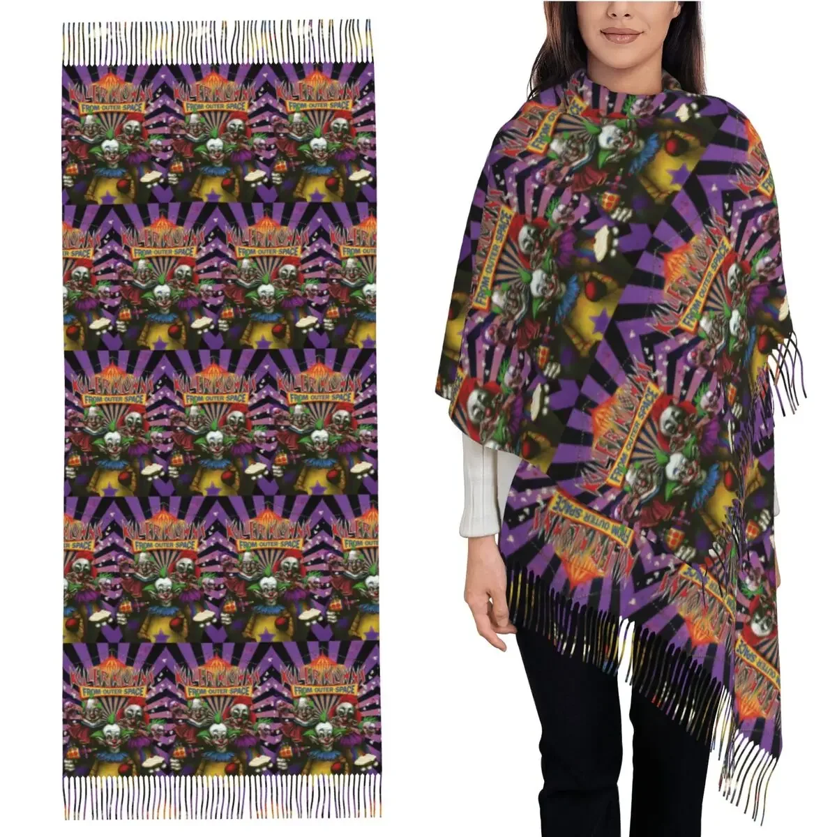 

Шарф Killer Klowns From Outer Space, шарфы с кисточками, женские мягкие теплые шали и накидки, длинная осенне-зимняя шаль