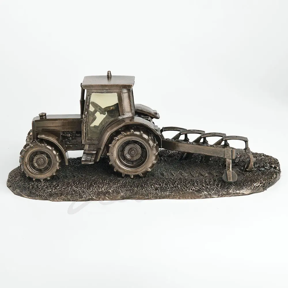 Vintage Farm Tractor with Plough Figurine Resin Bronze Finish Statue Country Farmhouse Decorative Ornament Home Office Display