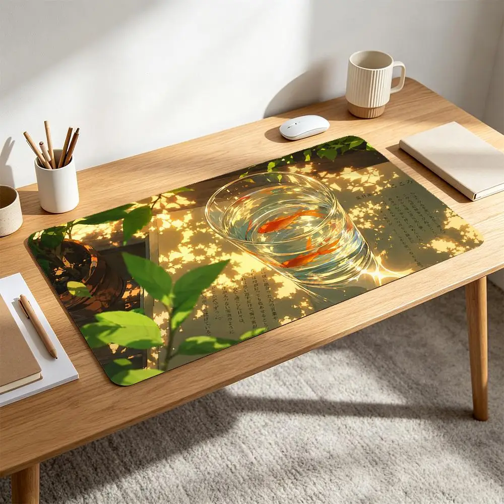 Anime Goldfish In Glass Cup Large Mouse Pad Dappled Sunlight Green Leaf Japanese Text Book Cozy pc accessories desk mat