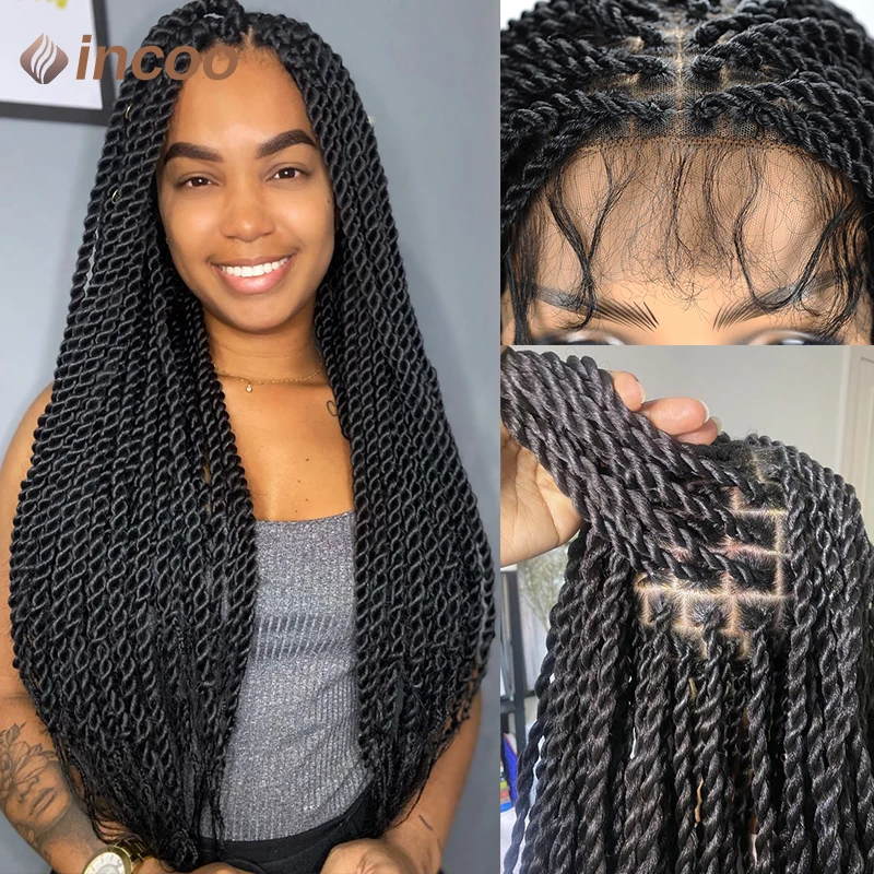 Perruques tressées torsadées sénégalaises pour femmes noires, Full Lace Front Box, perruques tressées synthétiques, perruque Faux Locs sans nœuds, tresses de déesse