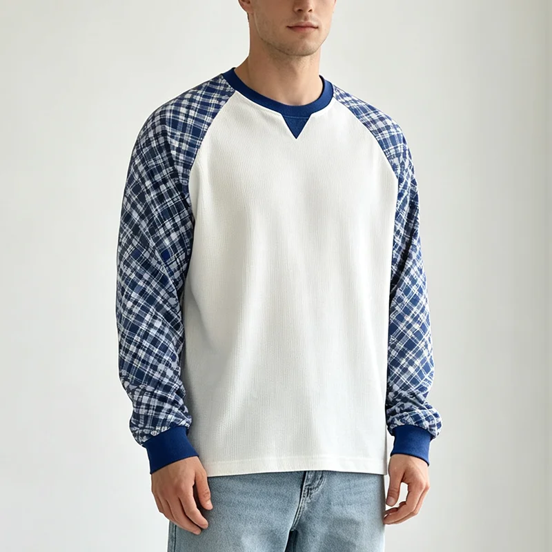 Retro-Kariertes Schulter-Waffel-Langarmshirt mit Rundhalsausschnitt, lässiger, lockerer, vielseitiger, trendiger Herrenpullover für den Herbst. – Detail 3