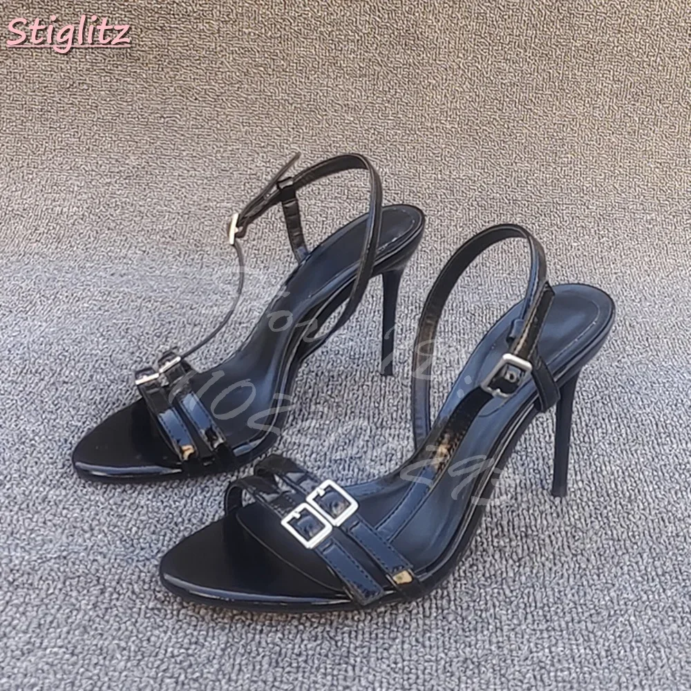 

Black Belt Buckle Sandals Round Open Toe Patent Leather Thin High Heels Stiletto Elegant 2025 Women's New Fashion Dress Shoes
