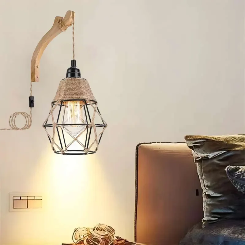 American Minimalist Dining Bar Hallway Light With Switch Plug Creative Home Wall Light Solid Wood Hemp Rope Bedroom Bedside Lamp