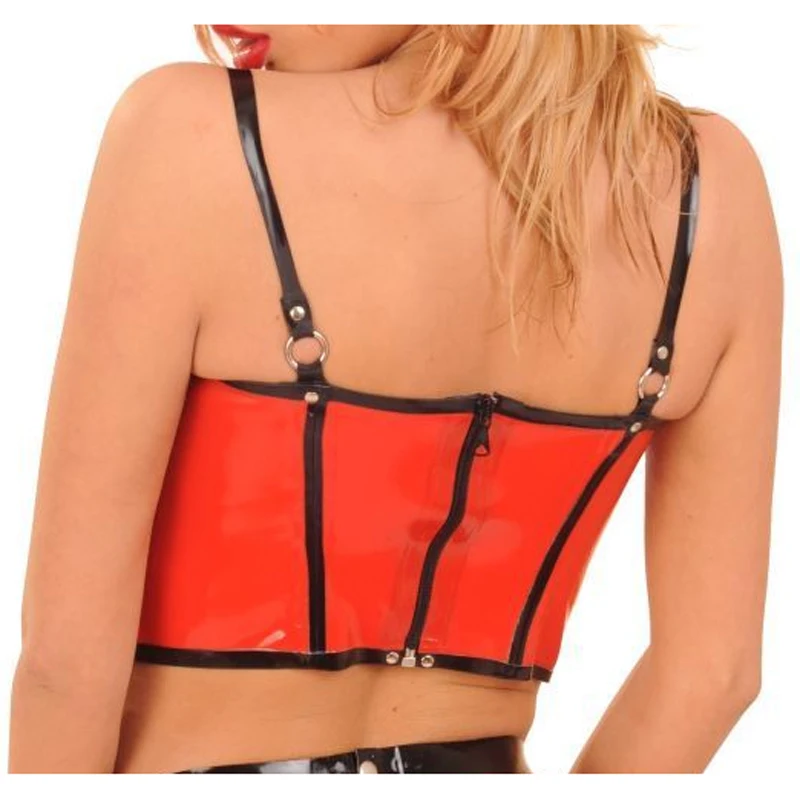 Soutien-gorge en Latex Sexy rouge et noir, avec garnitures, fermetures éclair au dos, Lingerie en caoutchouc, brassières 0042