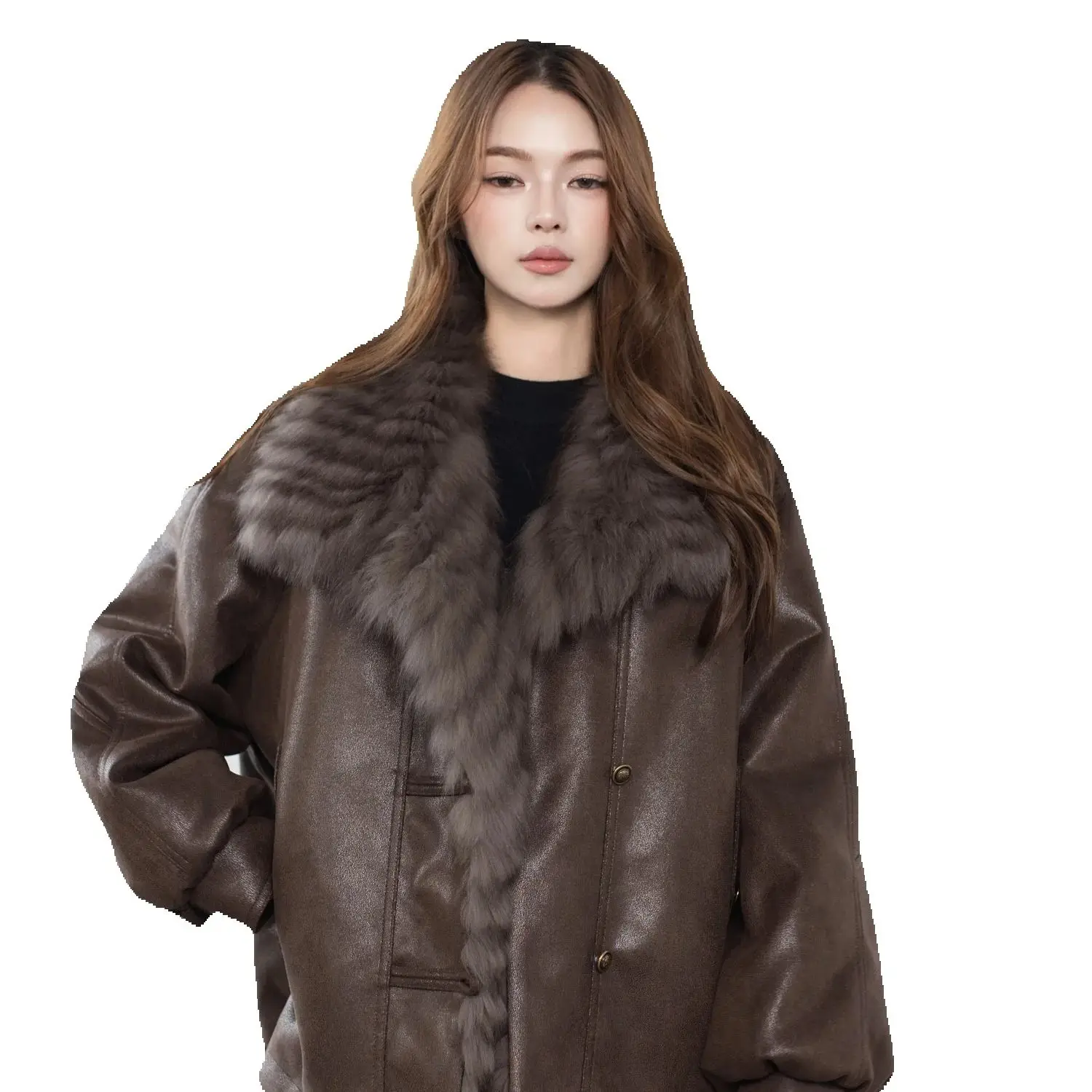 نمط جديد من معطف الفرو القصير مع جلد سويدي فرو الثعلب على كلا الجانبين للنساء