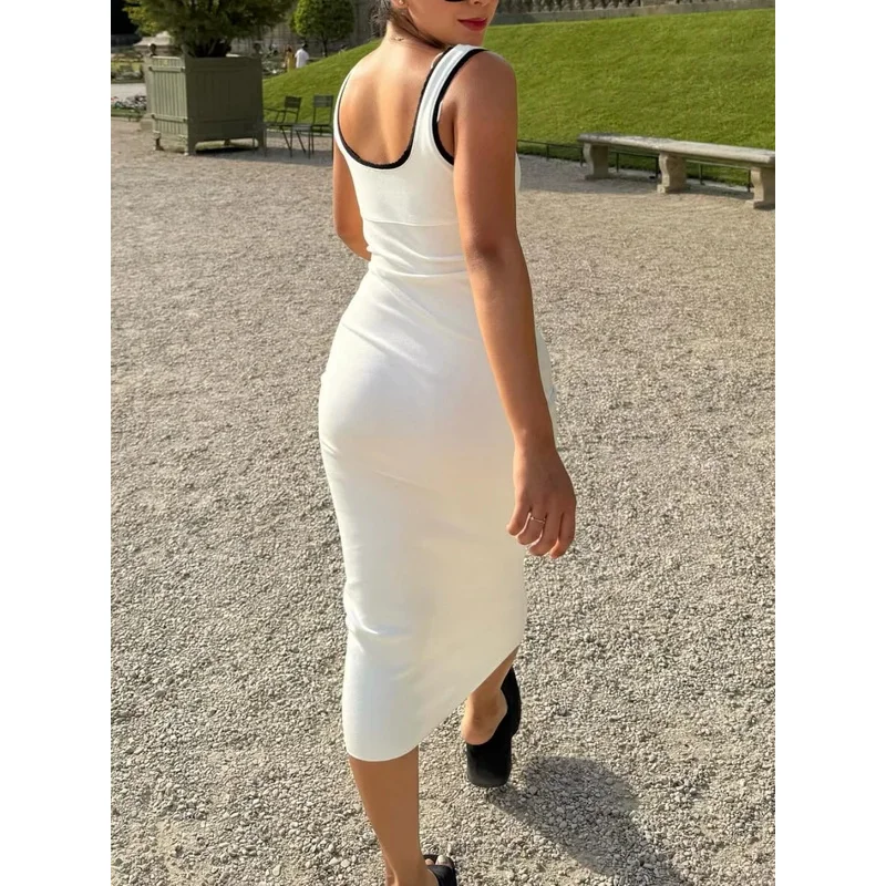

Women's Elegant V-Neck Backless Maxi Dress Summer Vintage Knitted Party Wear with Contrast Color Suspender Detail