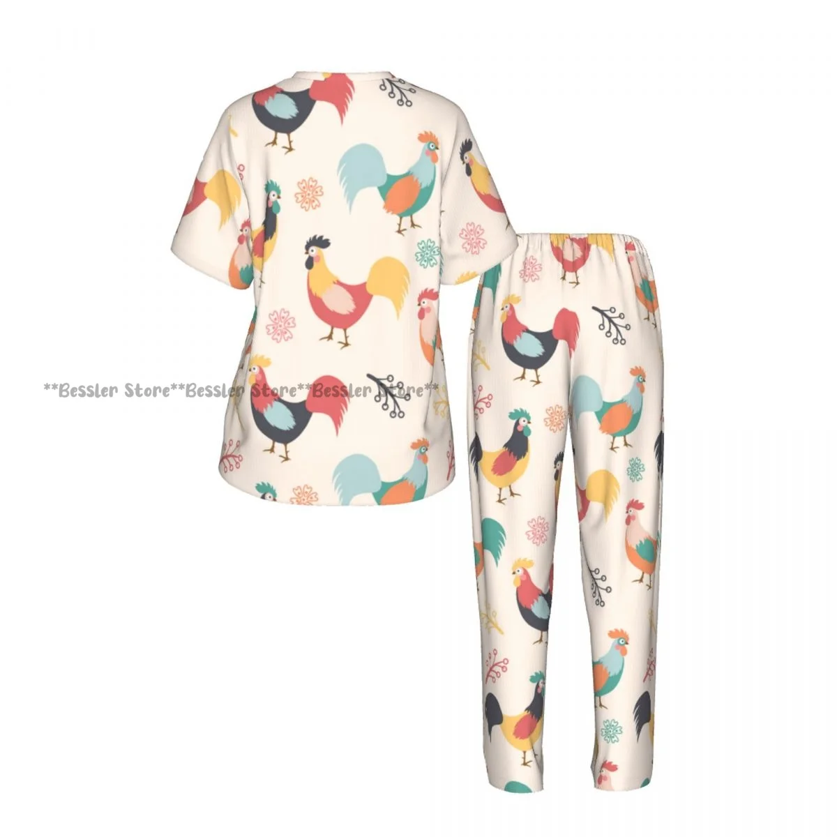 Women's Comfort Pajamas Women's Beautiful Roosters Branches And Flowers Background Short Sleeve Set Sleepwear view 3
