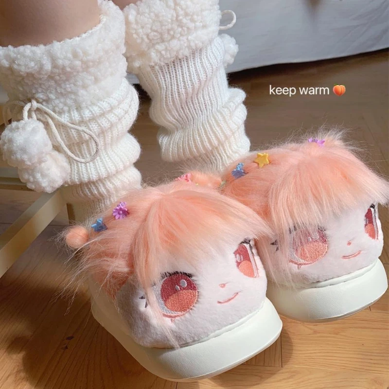 

Хлопковая кукла с героями мультфильмов, аниме, хлопковые тапочки, Kawaii, кукла с большими глазами, мужская и женская зимняя домашняя теплая и нескользящая домашняя обувь