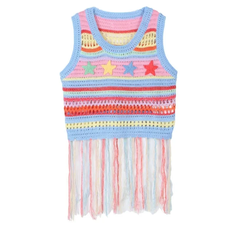 Women's Rainbow Stripe Hollow Knitted Tops, Sleeveless Sweater, Star Tassel Vest, Summer Tops