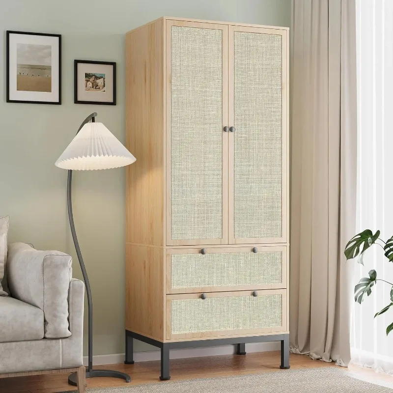 Natural Rattan Armoire Storage Cabinet,Tall Closet w/ Doors, Adjustable Shelves & Drawers, Wooden Wardrobe