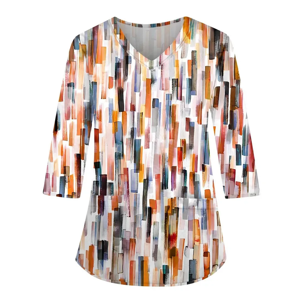 2024 Nieuwe Vrouwen Knop V-hals Verpleegster Uniform Mode Casual Streep Prints Tops Droog-Verpleegster Top Scrubs tops Voor Vrouwen 2 Zakken