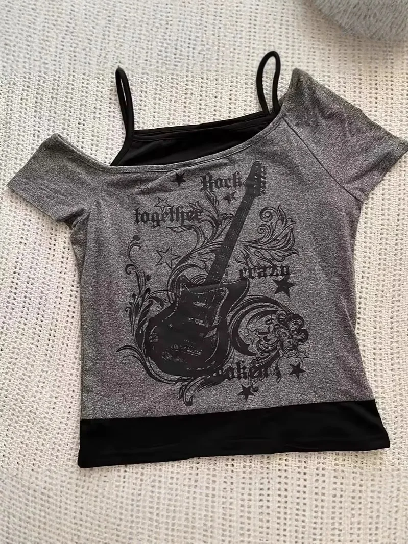 

Women's 2026 Summer New American Retro Style Fake Two Piece T Shirt Fashion Pattern Short Sleeve Trendy Versatile Top