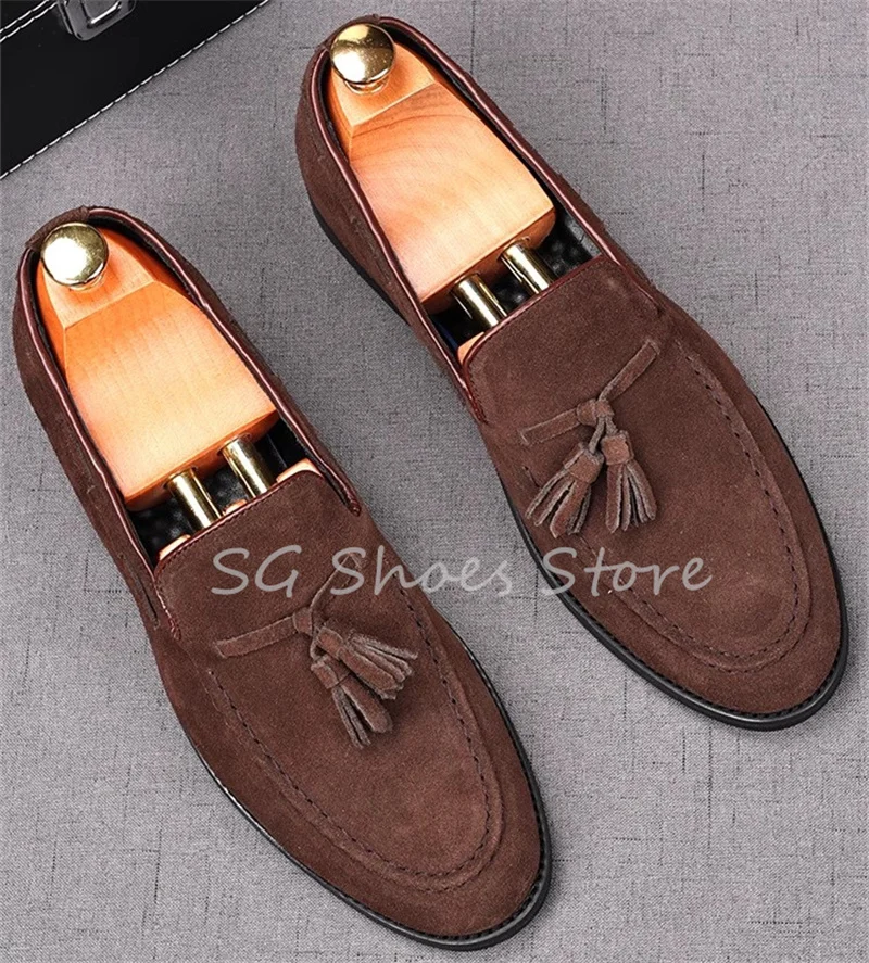 British Style Faux Suede Tassel Flats for Men Fashion Soft Bottom Shallow Slip-On Loafers Male Business Wedding Dress Shoes